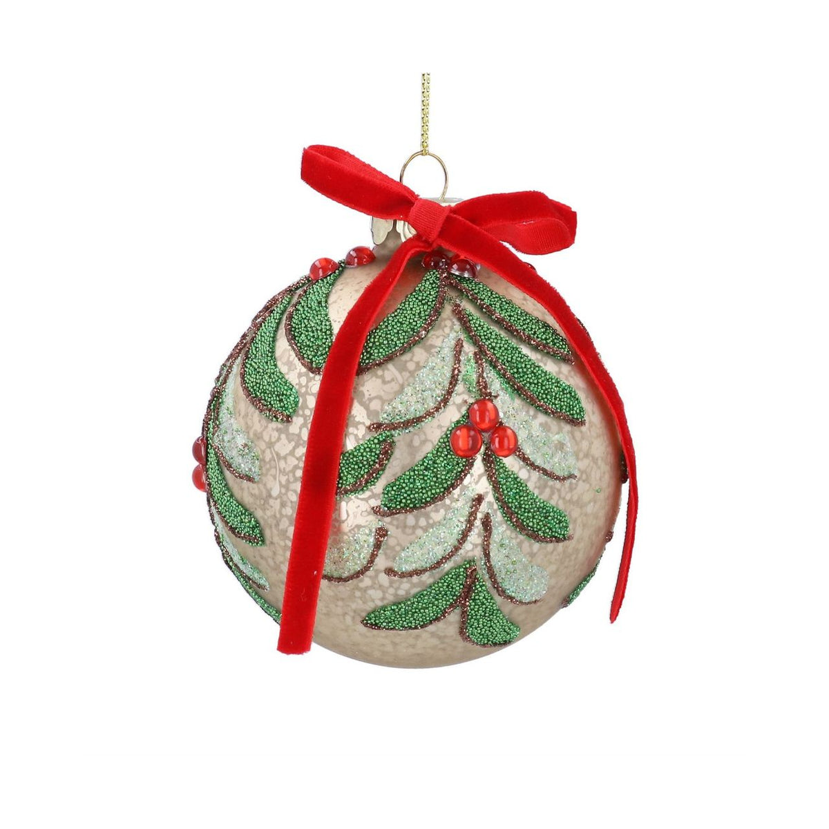 Elevate your festive décor with this exquisite Gisela Graham Christmas bauble. Crafted in antique gold with delicate vine detailing and a striking red bow accent, this elegant ornament brings timeless sophistication to any Christmas tree.