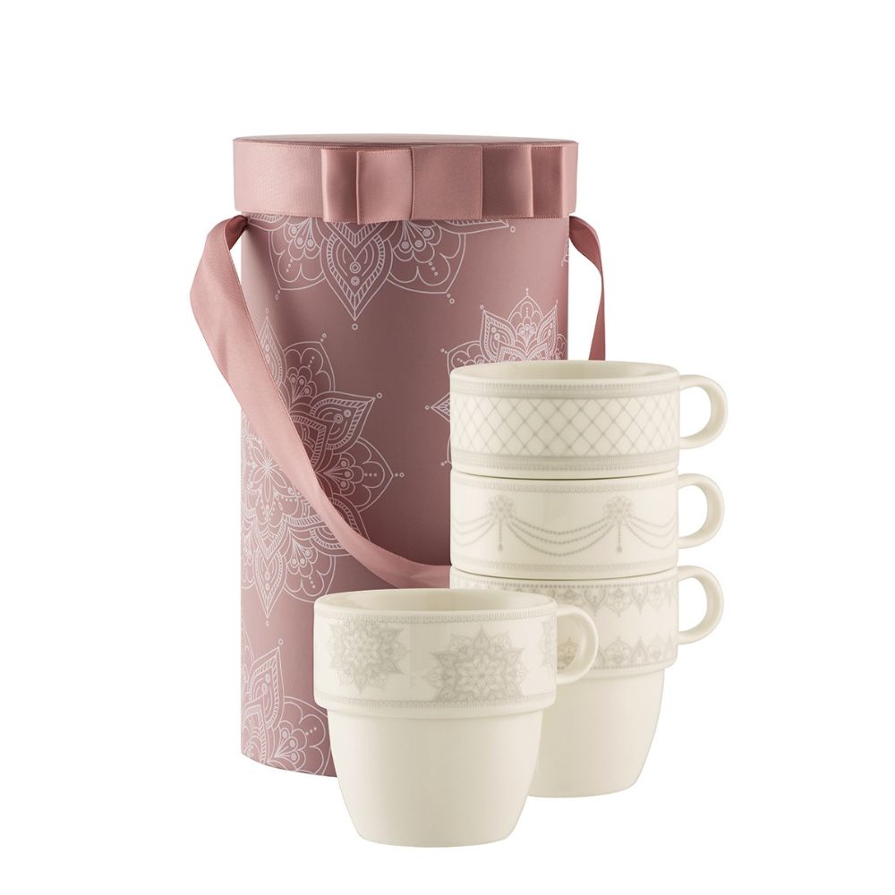 Aynsley Charbagh Set of Four Stacking Mugs  Influenced by Persian and Indian motifs, Charbagh features complex patterns with delicate lines in soft purple grey tones perfect for a subtle boho style. Exquisite detail is paired with everyday functionality; Charbagh is dishwasher safe microwave safe.