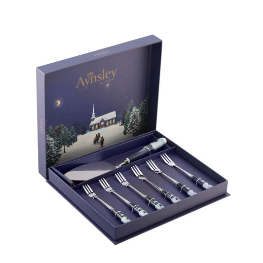 Introducing the Aynsley Silent Night Pastry Set – a charming addition to your festive table. This set includes six ceramic-handled pastry forks and one cake slice. The Silent Night motif adds elegance to your dessert presentation, perfect for sharing holiday treats with loved ones.