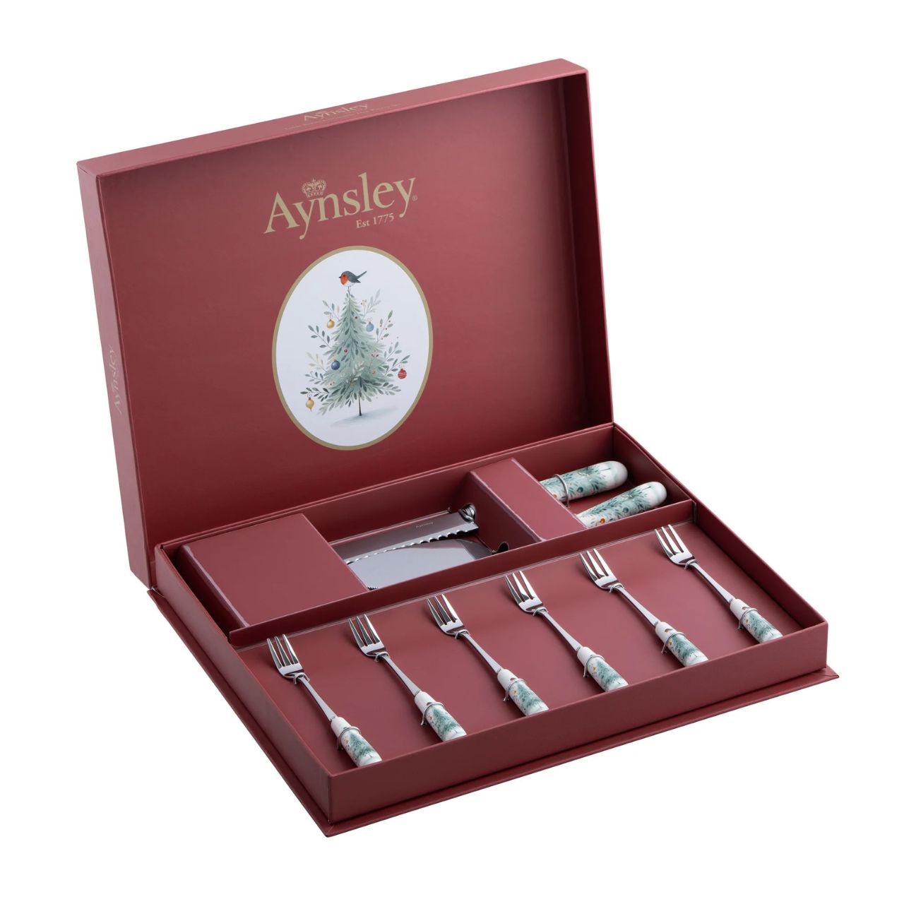Perfect for festive gatherings, this pastry set showcases the enchanting Little Robin Christmas Tree design. A seasonal must-have for entertaining.