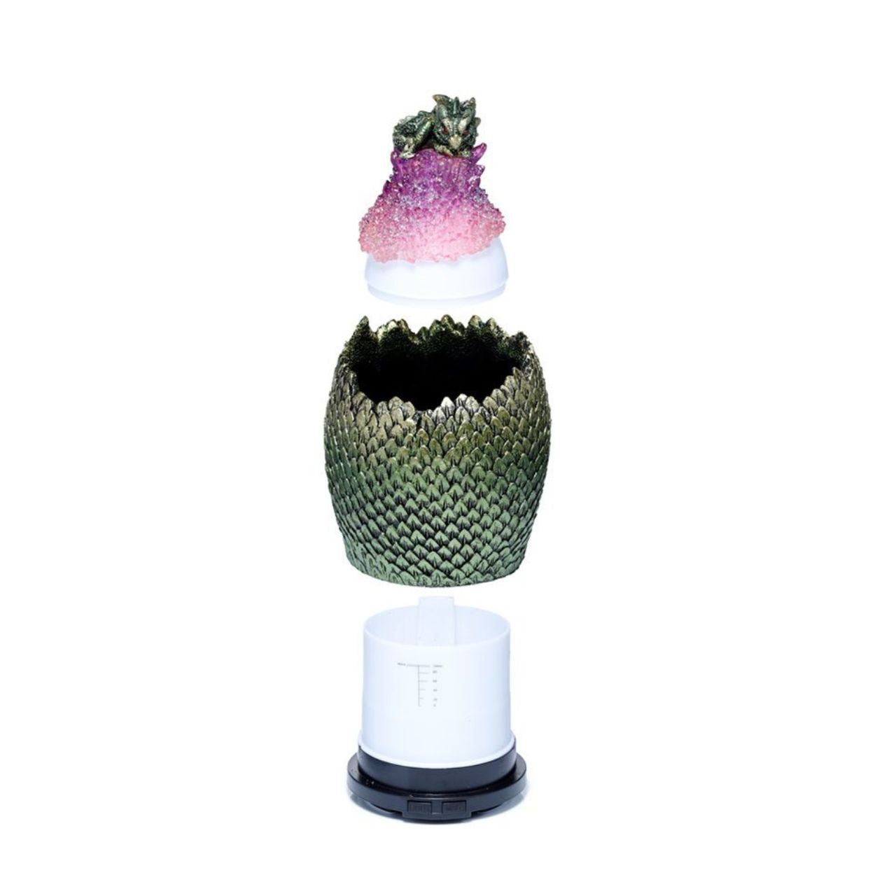 Baby Dragon Crystal Egg USB Ultrasonic Misting Aroma Diffuser  - Material: Resin, Plastic and Metal - Diffuser Type: Ultrasonic - Our diffusers use ultrasonic vibrations that silently break apart the water and oils creating a fine mist. There are no fans or heat used in this process.