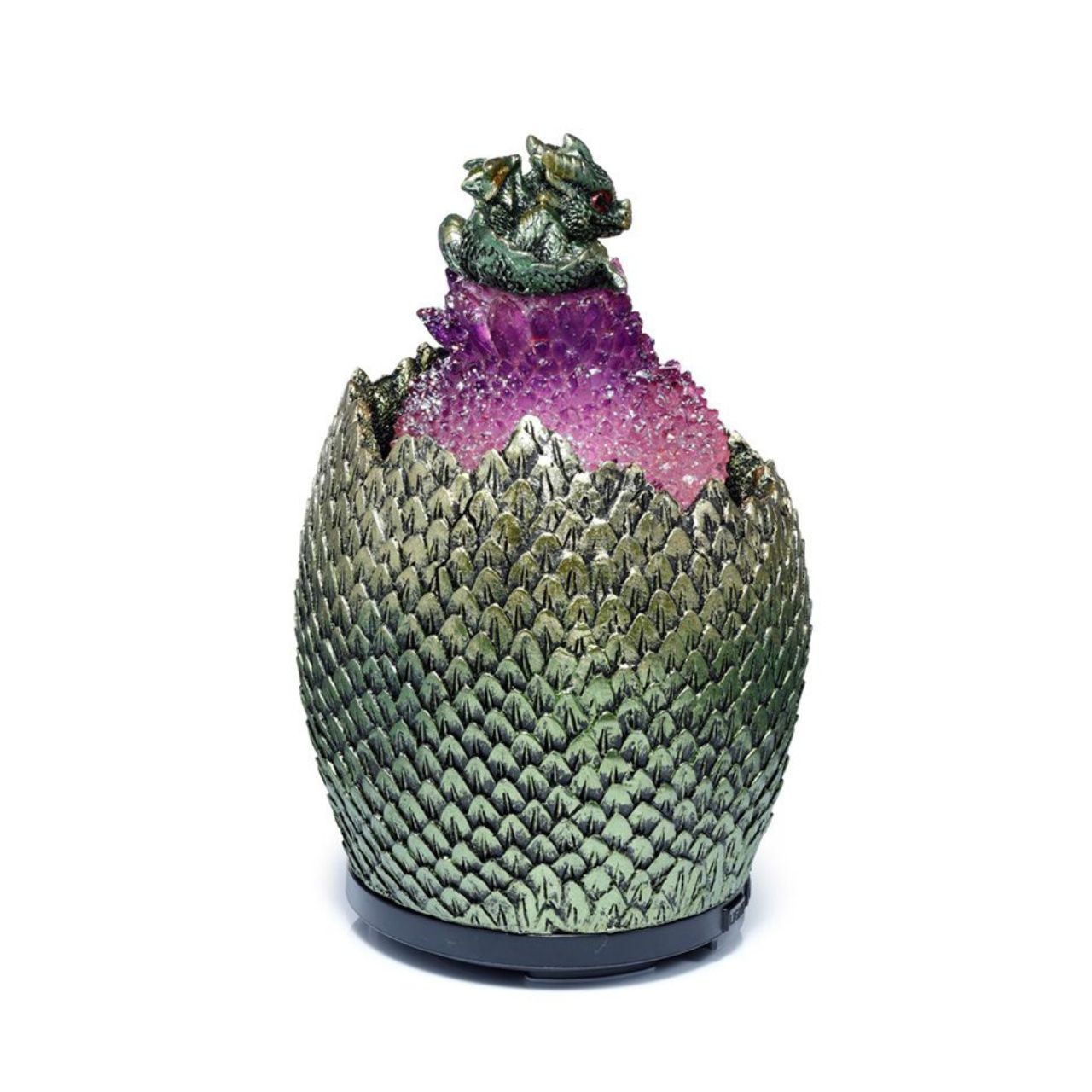 Baby Dragon Crystal Egg USB Ultrasonic Misting Aroma Diffuser  - Material: Resin, Plastic and Metal - Diffuser Type: Ultrasonic - Our diffusers use ultrasonic vibrations that silently break apart the water and oils creating a fine mist. There are no fans or heat used in this process.