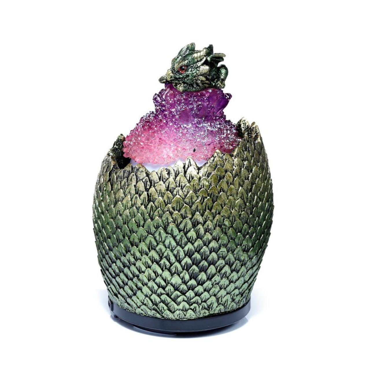 Baby Dragon Crystal Egg USB Ultrasonic Misting Aroma Diffuser  - Material: Resin, Plastic and Metal - Diffuser Type: Ultrasonic - Our diffusers use ultrasonic vibrations that silently break apart the water and oils creating a fine mist. There are no fans or heat used in this process.