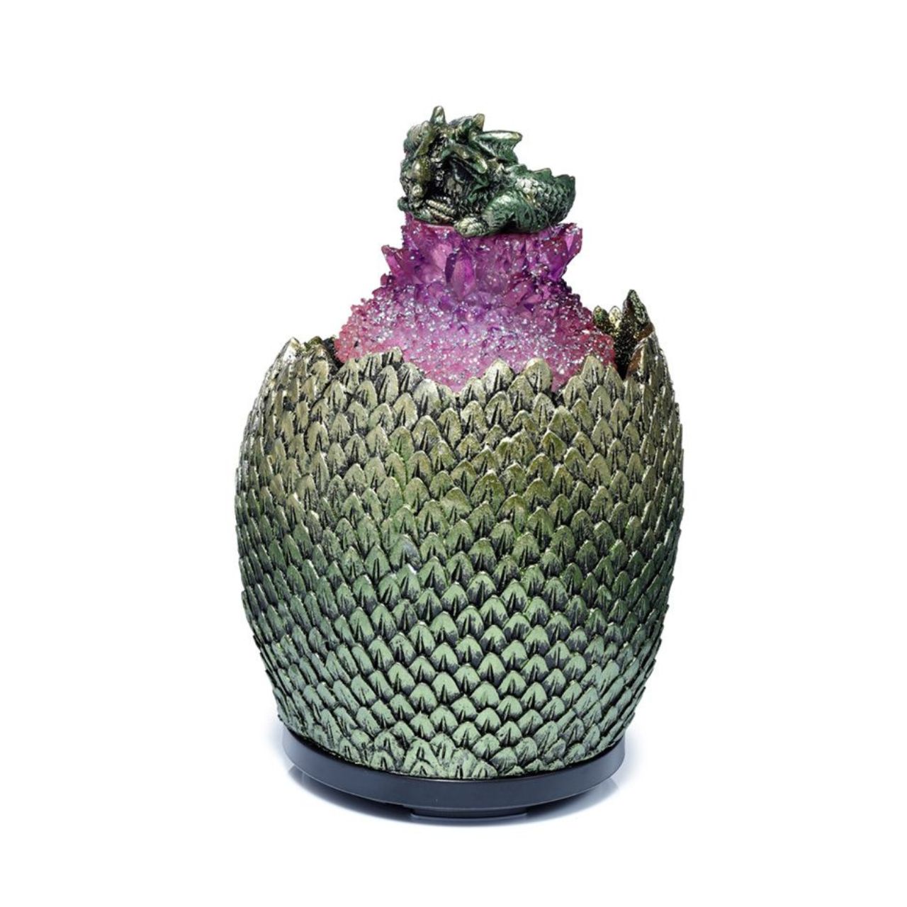 Baby Dragon Crystal Egg USB Ultrasonic Misting Aroma Diffuser  - Material: Resin, Plastic and Metal - Diffuser Type: Ultrasonic - Our diffusers use ultrasonic vibrations that silently break apart the water and oils creating a fine mist. There are no fans or heat used in this process.