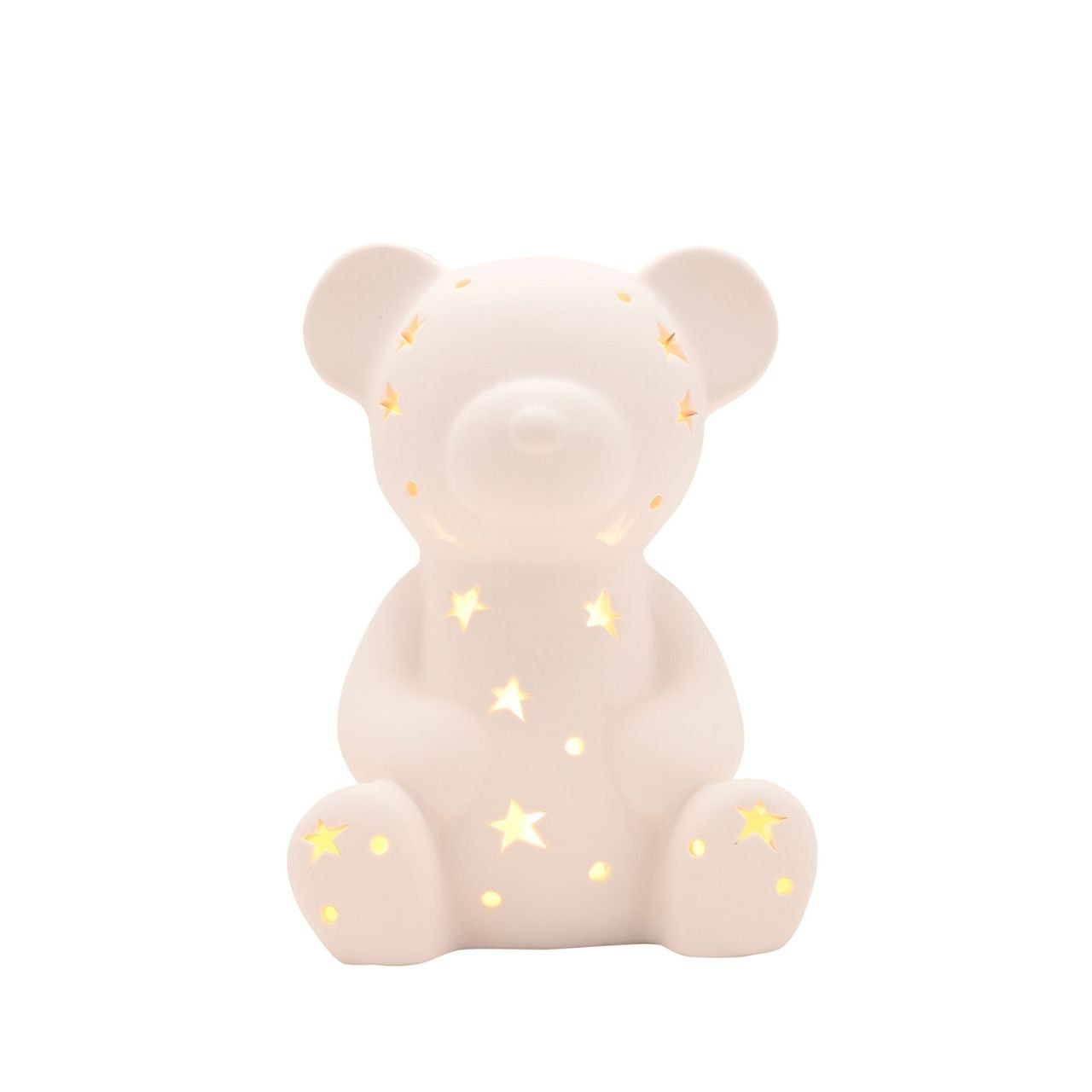 The playful design includes multiple star and circle-shaped perforations, strategically placed to allow gentle illumination to filter through, creating a captivating display of light patterns.