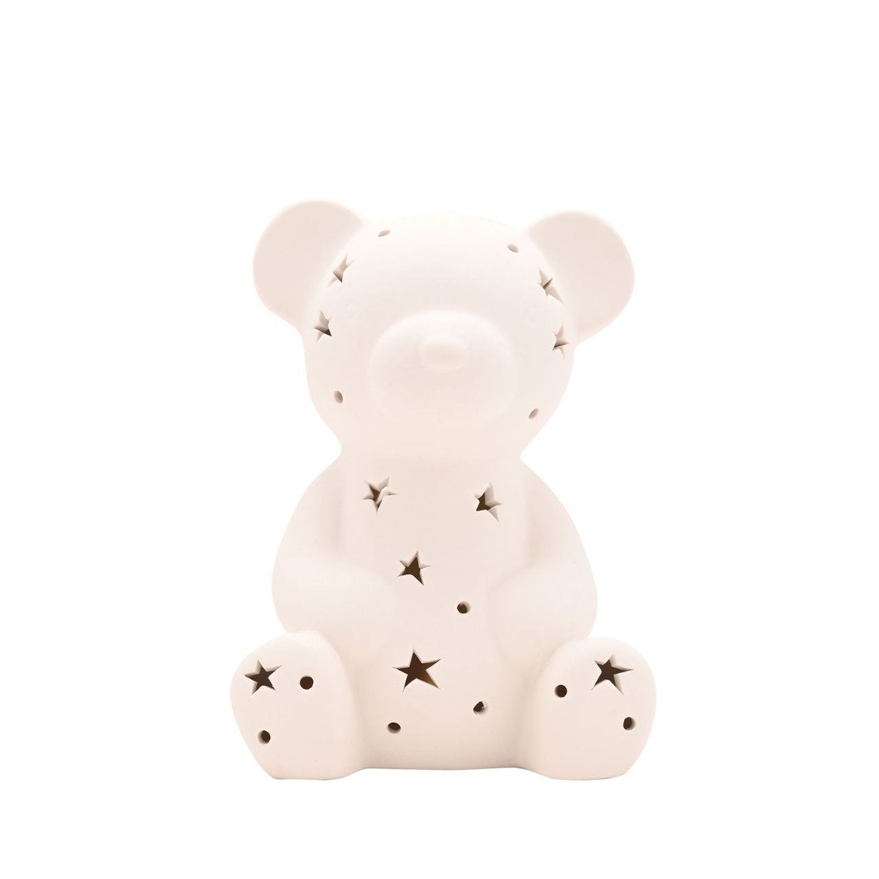 The playful design includes multiple star and circle-shaped perforations, strategically placed to allow gentle illumination to filter through, creating a captivating display of light patterns.