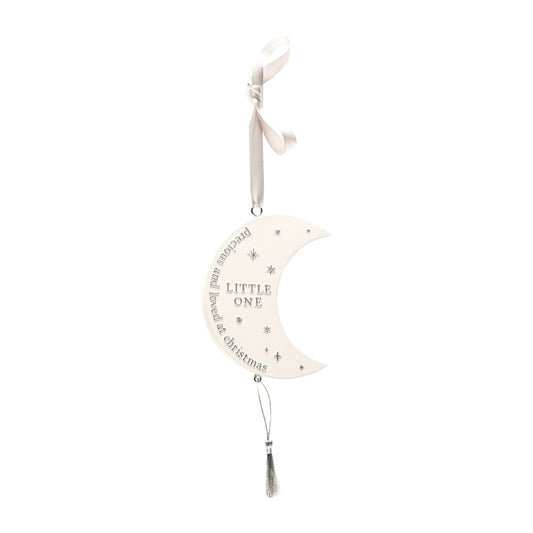 Christmas Hanging Moon Plaque - Little One  A moon plaque from BAMBINO BY JULIANA.  This treasurable keepsake provides sparkling decoration for the bedroom of new family arrivals at Christmas time.