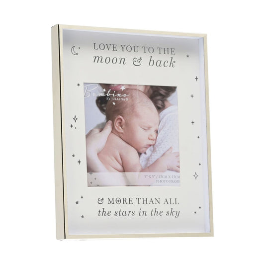 Bambino Metal Plated Moon & Back Photo Frame 5" x 5"  A steel photo frame from BAMBINO BY JULIANA.  This exquisite frame is an optimal way to beautifully present the photograph of new family arrivals.