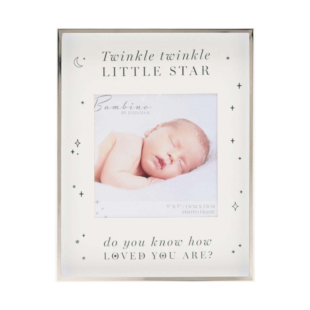 Bambino Plated Twinkle Twinkle Photo Frame 5" x 5"  A steel photo frame from BAMBINO BY JULIANA.  This exquisite frame is an optimal way to beautifully present the photograph of new family arrivals.