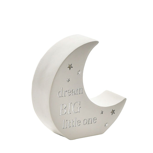 Moon Shaped Resin Money Box "Dream Big" 15 cm  A moon shaped resin money box from BAMBINO BY JULIANA.  This wonderful keepsake provides glistening decoration for the nursery of new family arrivals which will be cherished eternally.