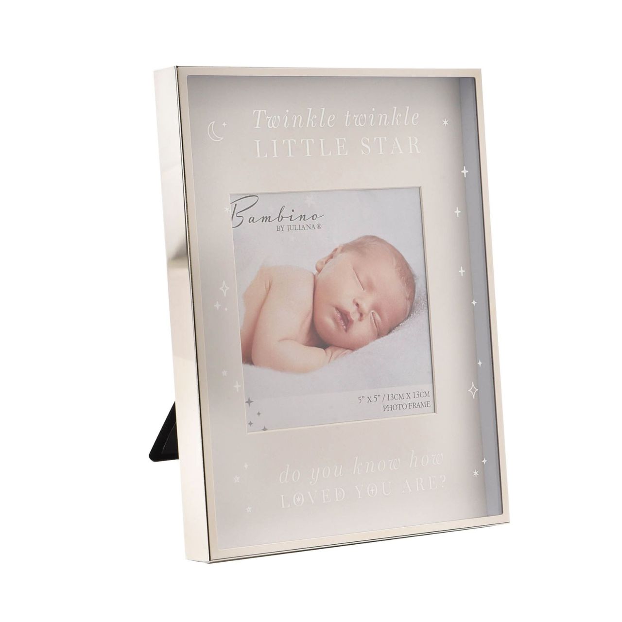 Bambino Plated Twinkle Twinkle Photo Frame 5" x 5"  A steel photo frame from BAMBINO BY JULIANA.  This exquisite frame is an optimal way to beautifully present the photograph of new family arrivals.