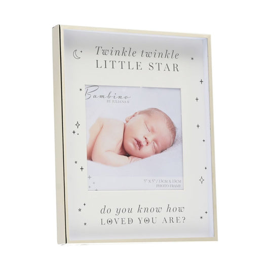 Bambino Plated Twinkle Twinkle Photo Frame 5" x 5"  A steel photo frame from BAMBINO BY JULIANA.  This exquisite frame is an optimal way to beautifully present the photograph of new family arrivals.