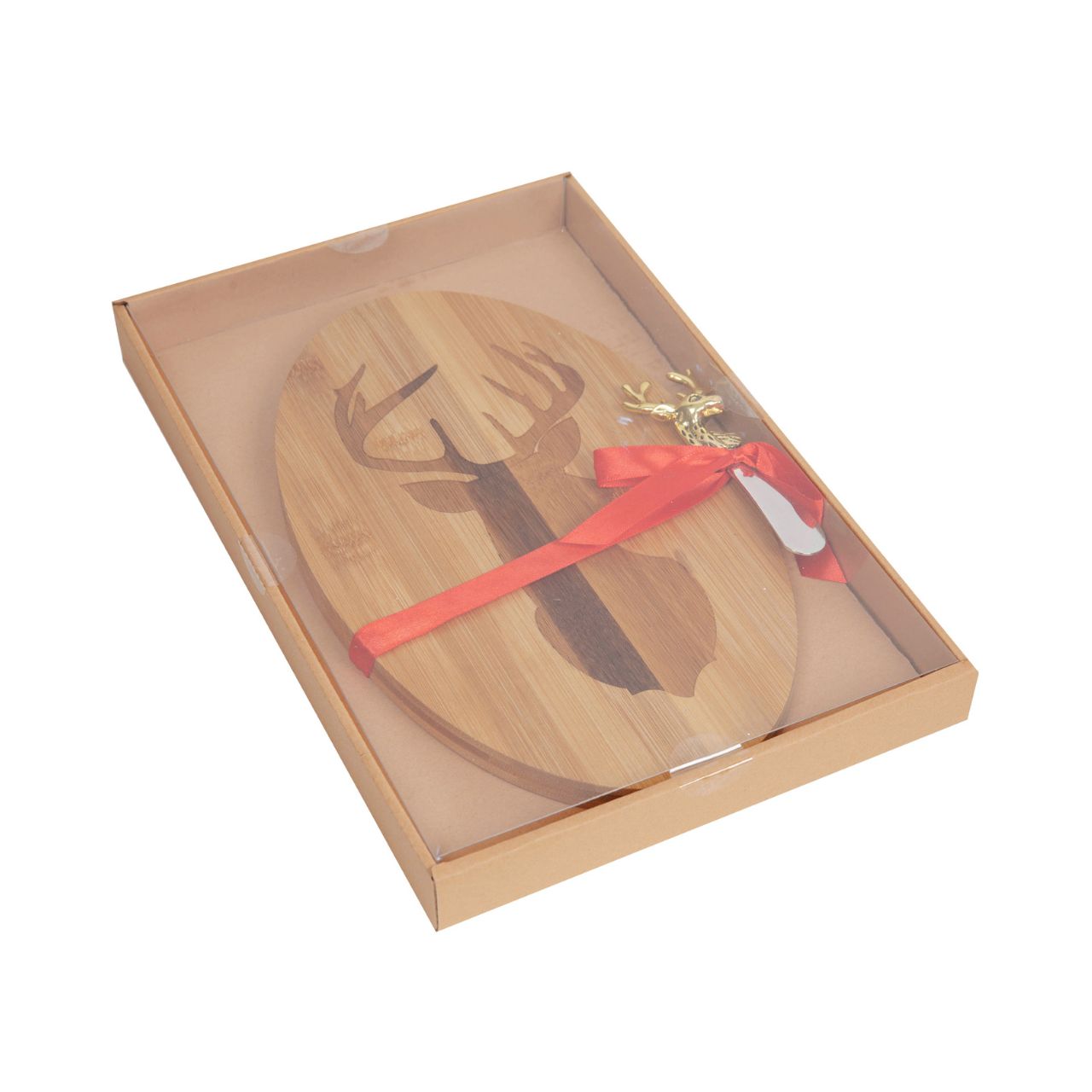 Bamboo Deer Head Laser Oval Chopping Board with Knife  Serve up an after dinner treat in festive style with this bamboo stag's head novelty cheeseboard and knife gift set.