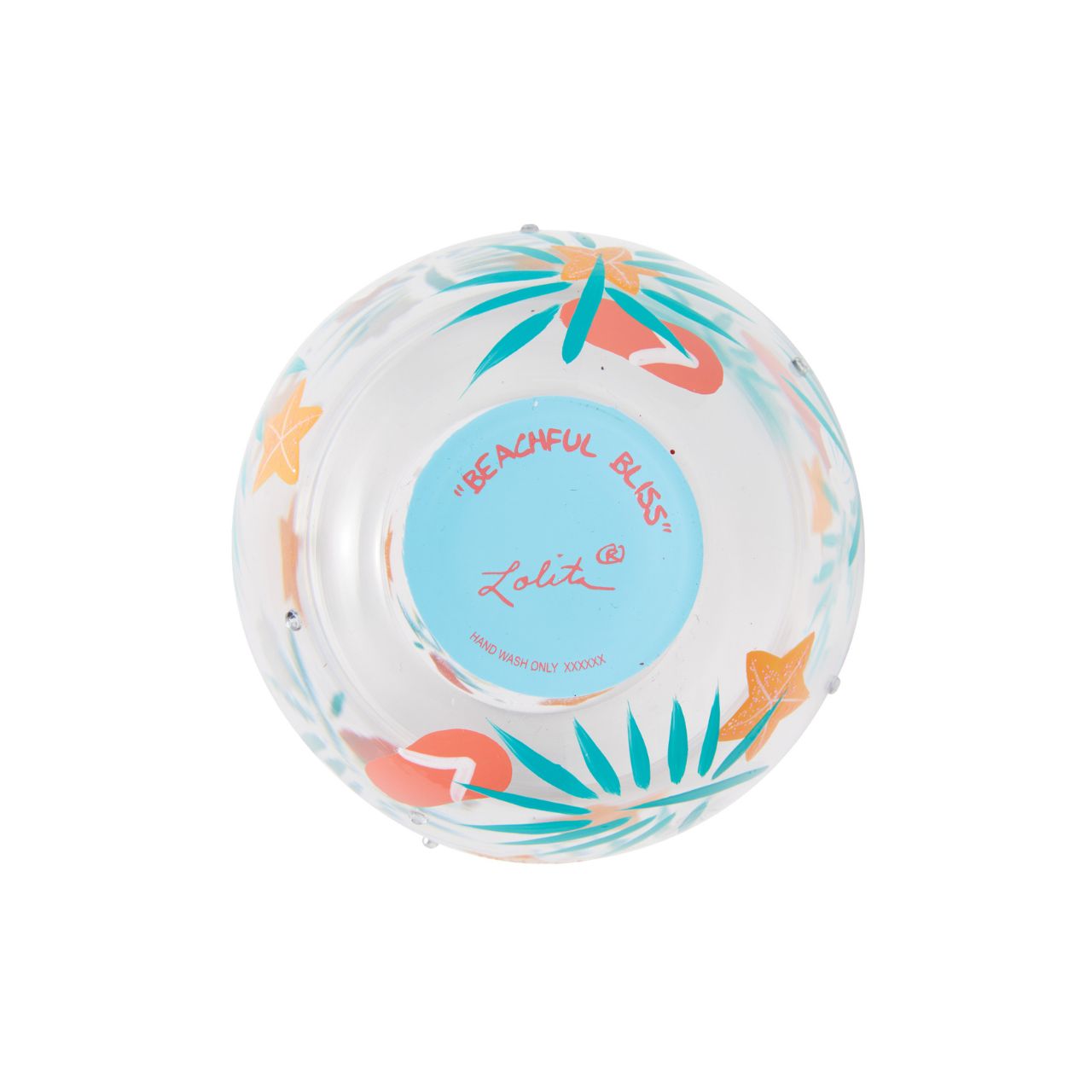 Stroll in the sand, splash through the water and lay back on your sunbed as you enjoy your favourite drinks from the Beachful Bliss Stemless Glass by Lolita. Hand-painted golden starfish, stylised palm leaves, delicate seashells and coral flip flops dance around the bowl of the glass in a symphony of summertime motifs.