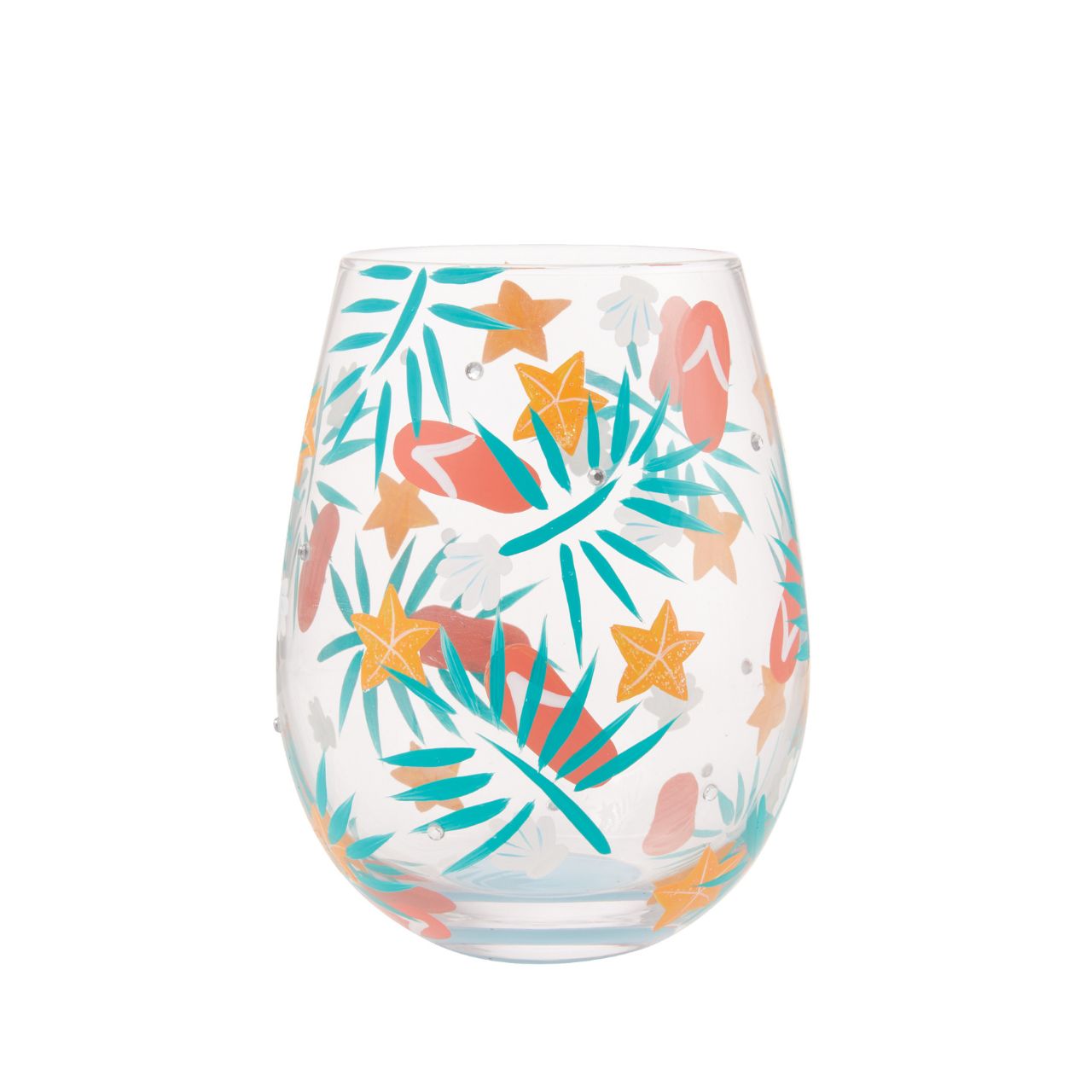 Stroll in the sand, splash through the water and lay back on your sunbed as you enjoy your favourite drinks from the Beachful Bliss Stemless Glass by Lolita. Hand-painted golden starfish, stylised palm leaves, delicate seashells and coral flip flops dance around the bowl of the glass in a symphony of summertime motifs.