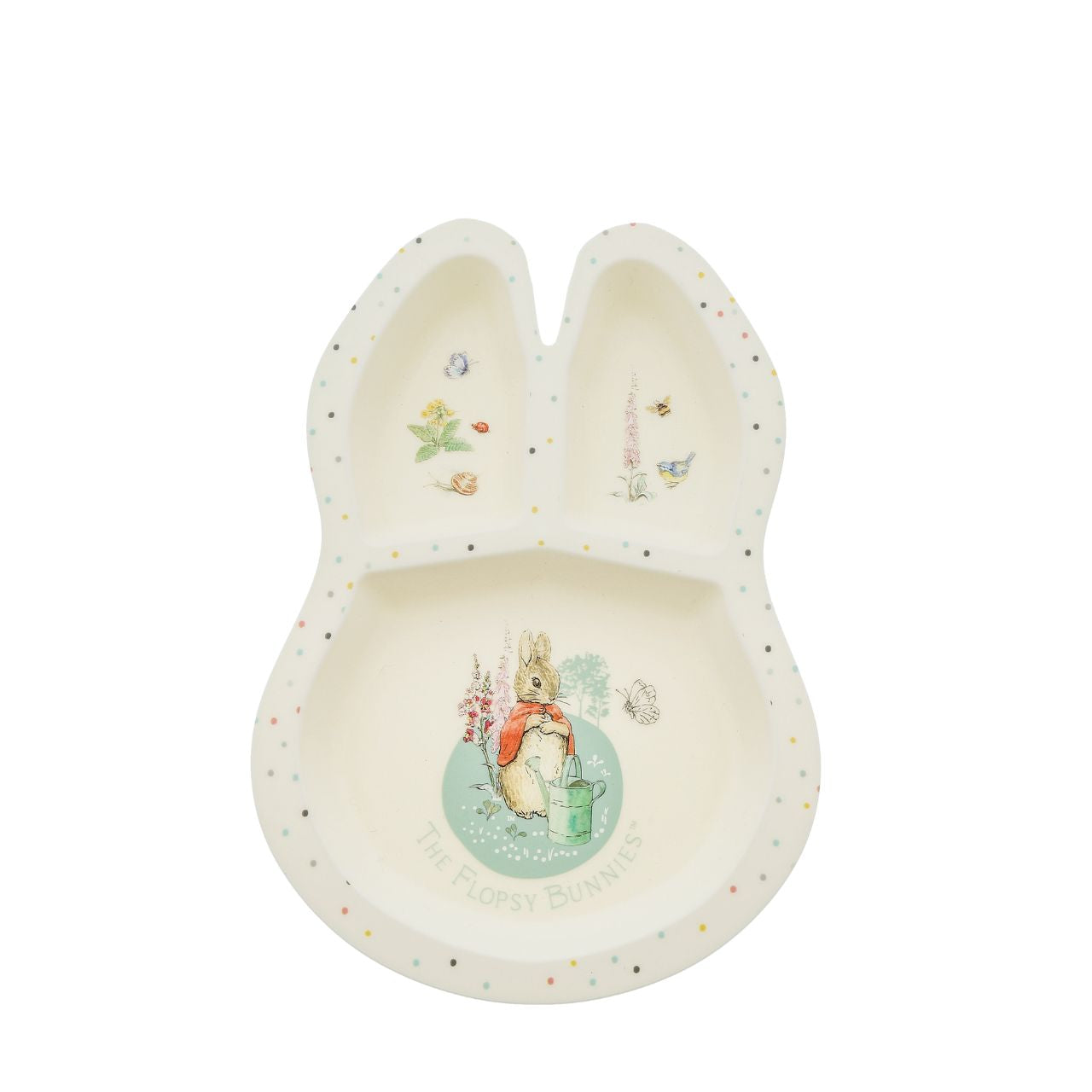 Peter Rabbit Flopsy Dinner Set  Introducing this brand new at home with Peter Rabbit collection. There's nothing quite like a fun Flopsy motif to entice those little tummies to clear their plates. Make mealtimes fun and practical with this dinner set. This highly durable dinner set can be used at home, in the garden, or on the go.
