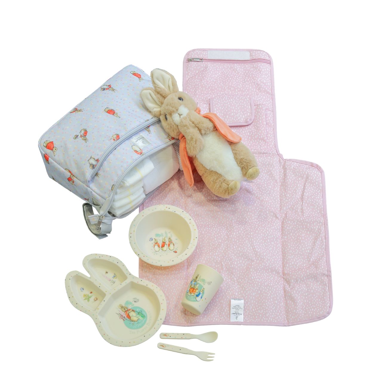 Peter Rabbit Flopsy Dinner Set  Introducing this brand new at home with Peter Rabbit collection. There's nothing quite like a fun Flopsy motif to entice those little tummies to clear their plates. Make mealtimes fun and practical with this dinner set. This highly durable dinner set can be used at home, in the garden, or on the go.