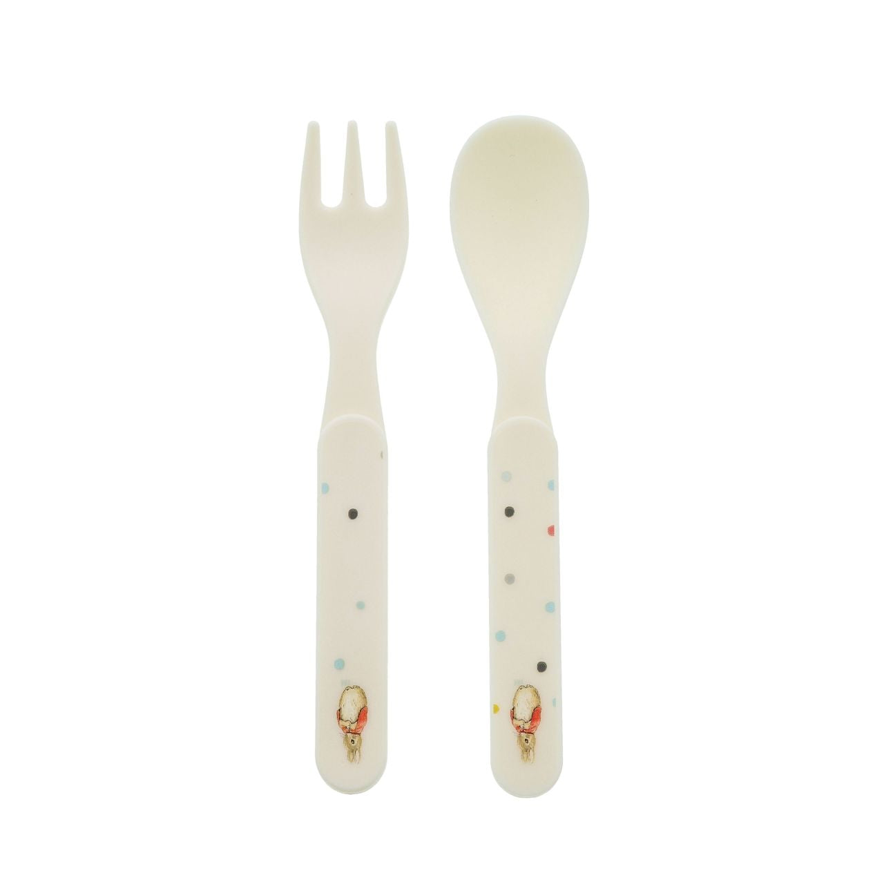 Flopsy Fork and Spoon Set by Beatrix Potter  Introducing this brand new at home with Peter Rabbit collection. There's nothing quite like a fun Flopsy motif to entice those little tummies to clear their plates. Make mealtimes fun and practical with this fork and spoon set.