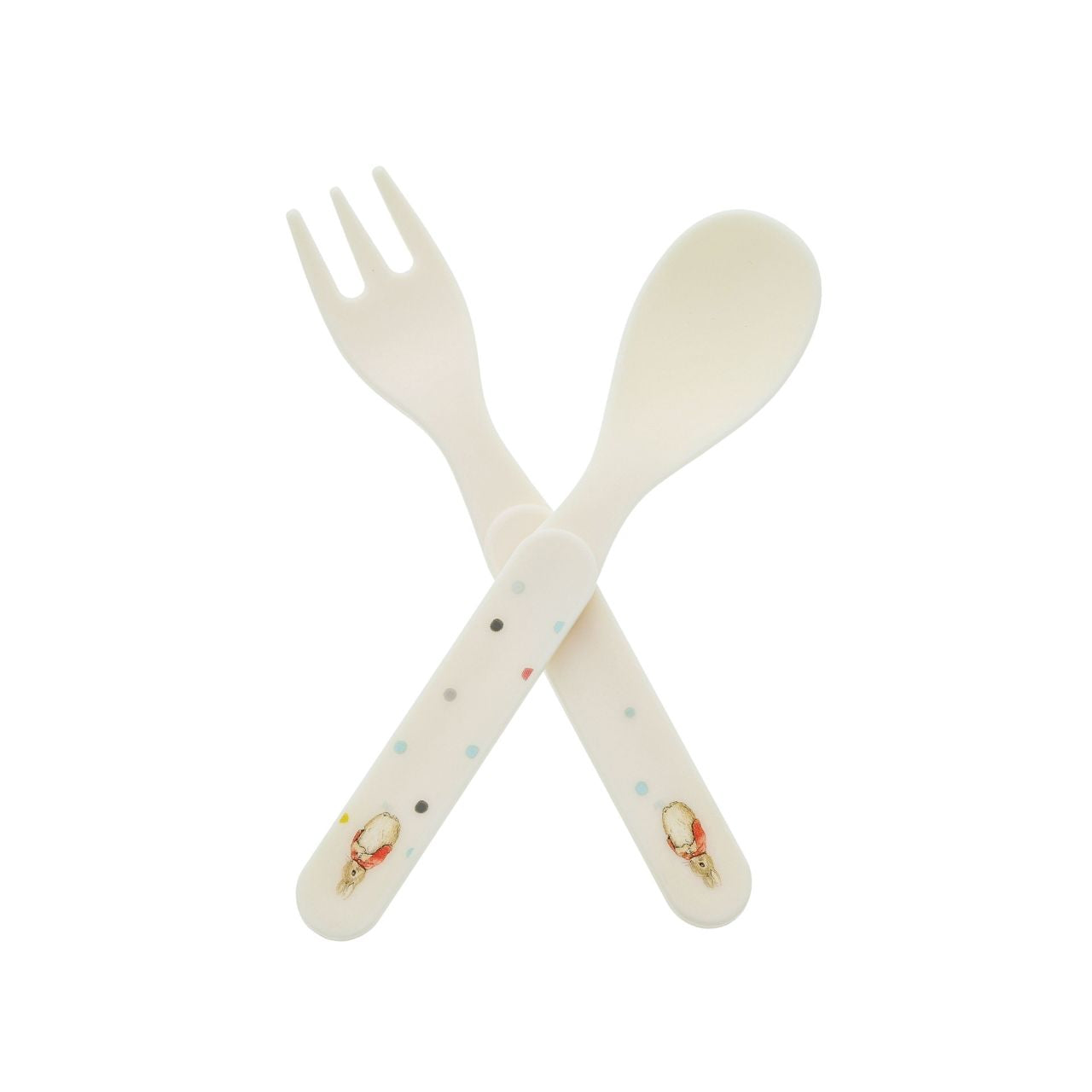 Flopsy Fork and Spoon Set by Beatrix Potter  Introducing this brand new at home with Peter Rabbit collection. There's nothing quite like a fun Flopsy motif to entice those little tummies to clear their plates. Make mealtimes fun and practical with this fork and spoon set.