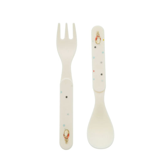 Flopsy Fork and Spoon Set by Beatrix Potter  Introducing this brand new at home with Peter Rabbit collection. There's nothing quite like a fun Flopsy motif to entice those little tummies to clear their plates. Make mealtimes fun and practical with this fork and spoon set.