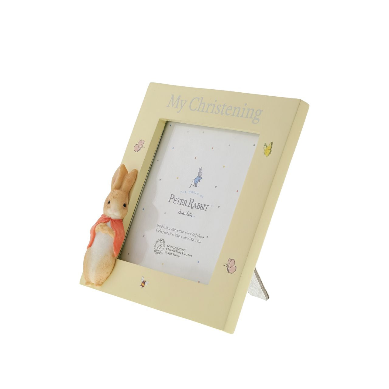 This charming Flopsy Christening photo frame is the perfect place to display a picture from your little ones Christening and is sure to earn a place of honour on a tabletop or mantel. Complete with original illustrations from the Beatrix Potter stories. Photo frame fits square sized photos.