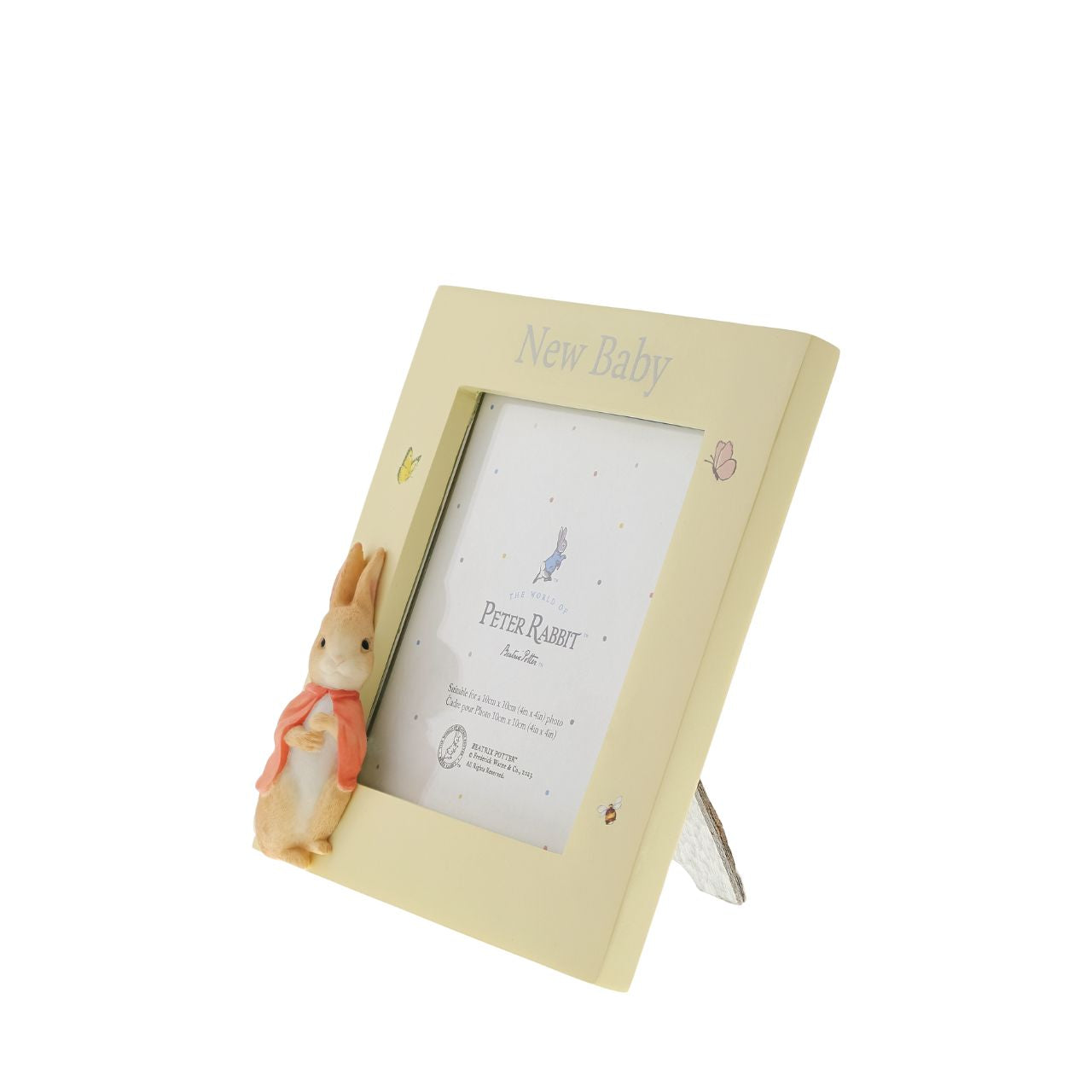 Celebrate a new bundle of joy with this Flopsy new baby photo frame, a perfect way to display a treasured photo. Complete with original illustrations from the Beatrix Potter stories. Photo frame fits square sized photos.