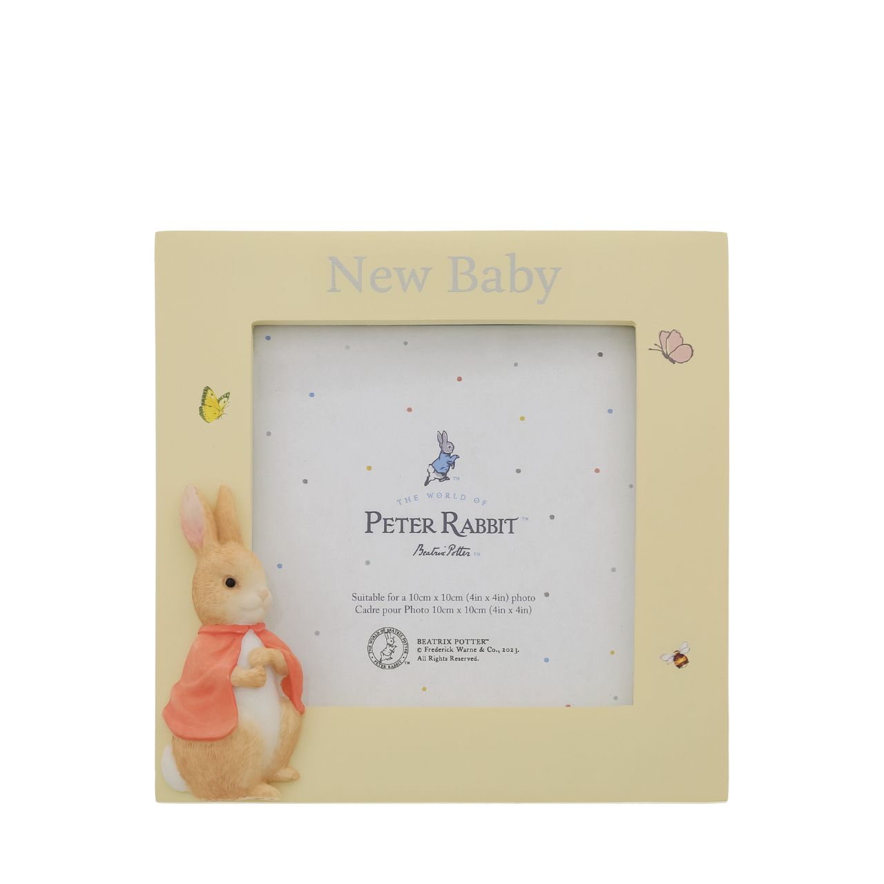 Celebrate a new bundle of joy with this Flopsy new baby photo frame, a perfect way to display a treasured photo. Complete with original illustrations from the Beatrix Potter stories. Photo frame fits square sized photos.