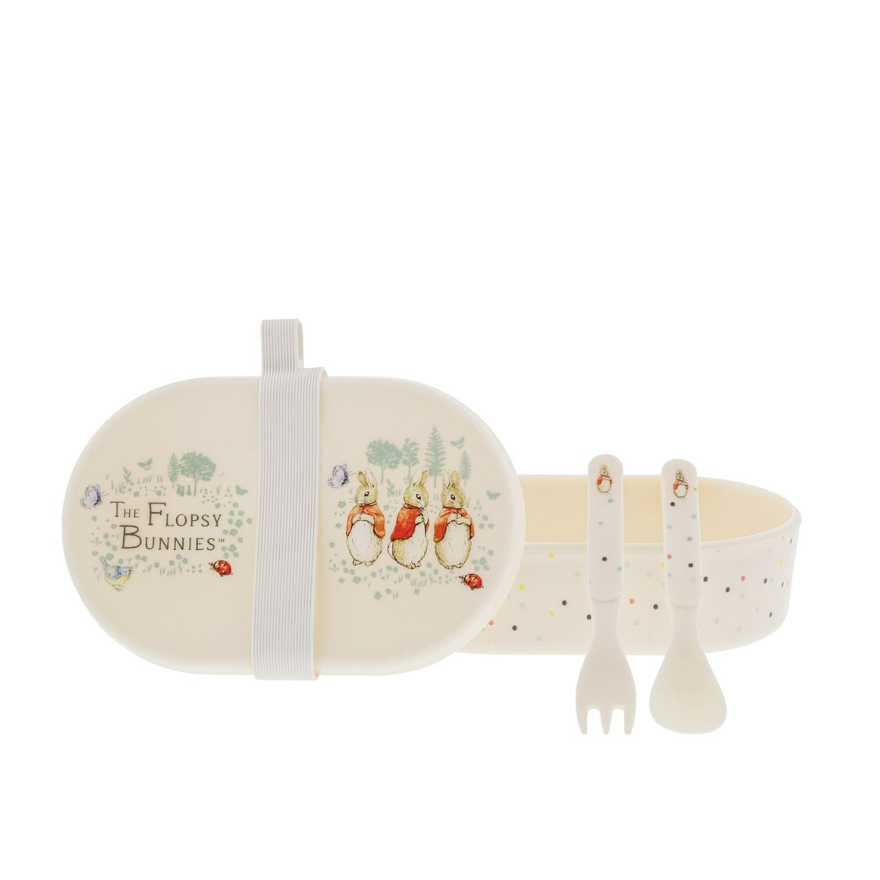 Beatrix Potter Flopsy Snack Box and Cutlery Set  Introducing this brand new at home with Peter Rabbit collection. There's nothing quite like a fun Flopsy motif to entice those little tummies to clear their plates. Make mealtimes fun and practical with this snack box set. Highly durable and can be used at home, in the garden, or on the go.