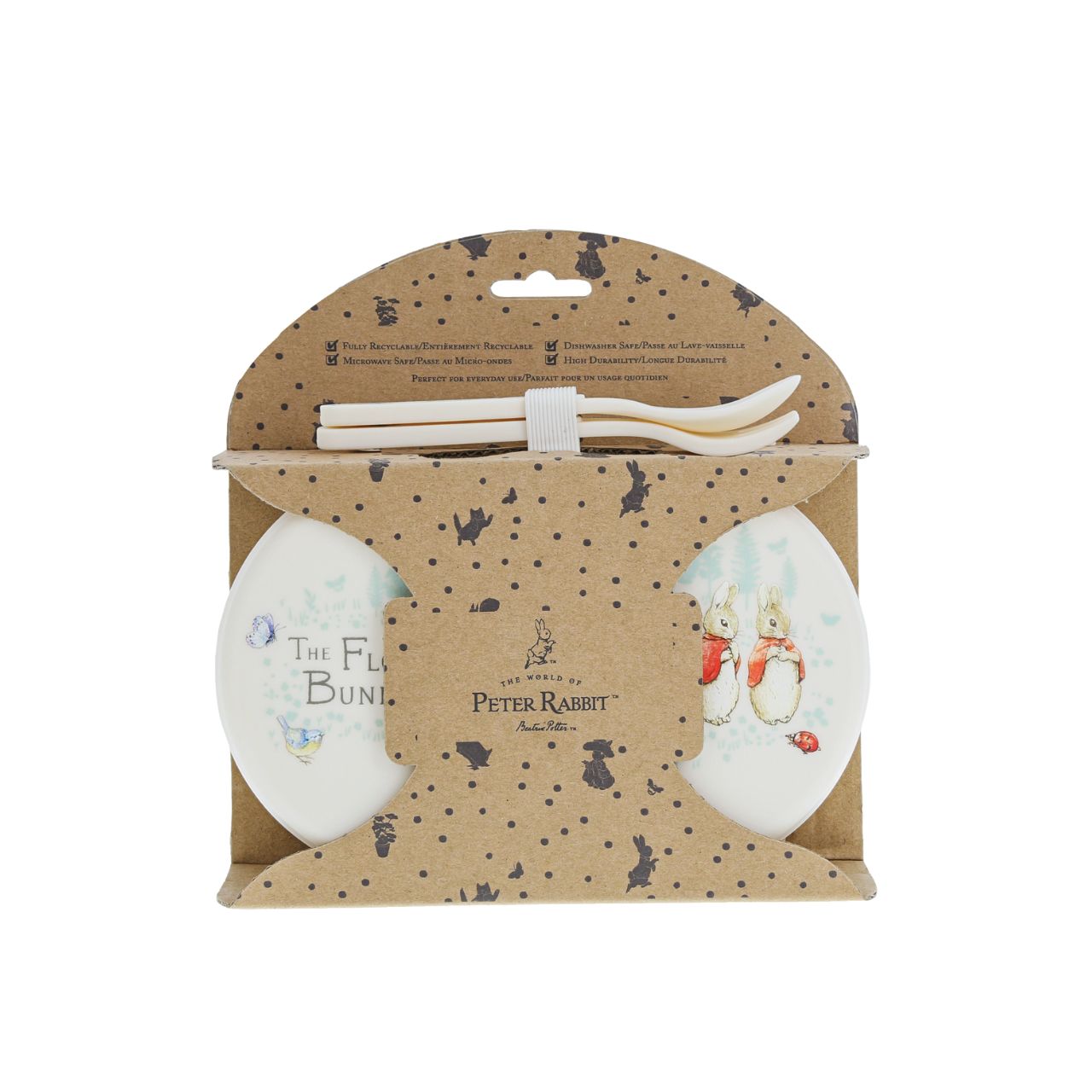 Beatrix Potter Flopsy Snack Box and Cutlery Set  Introducing this brand new at home with Peter Rabbit collection. There's nothing quite like a fun Flopsy motif to entice those little tummies to clear their plates. Make mealtimes fun and practical with this snack box set. Highly durable and can be used at home, in the garden, or on the go.