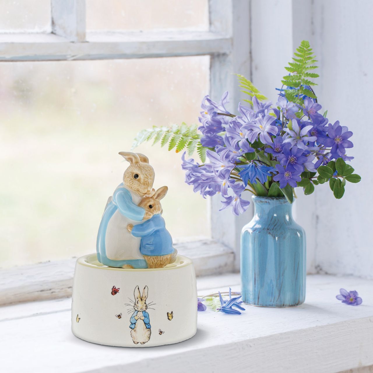 Beatrix Potter Mrs. Rabbit and Peter Ceramic Musical  This charming and traditional Mrs. Rabbit and Peter Rabbit Musical makes a lovely traditional gift or nursery keepsake that children and parents alike will love and treasure forever. 