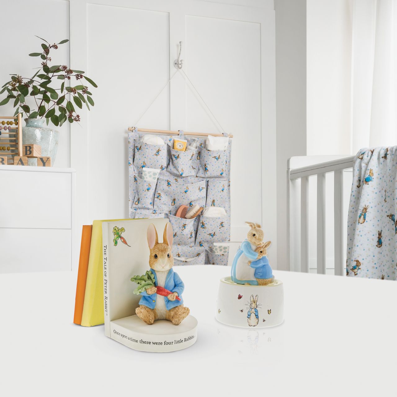 This charming and traditional Mrs. Rabbit and Peter Rabbit Musical makes a lovely traditional gift or nursery keepsake that children and parents alike will love and treasure forever. Wind up with the key and watch your favourite characters gently twirl around to the soothing sounds of Au Clair De La Lune.