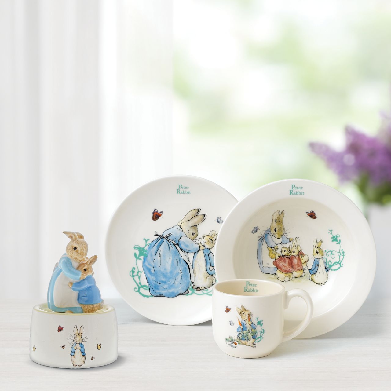 This charming and traditional Mrs. Rabbit and Peter Rabbit Musical makes a lovely traditional gift or nursery keepsake that children and parents alike will love and treasure forever. Wind up with the key and watch your favourite characters gently twirl around to the soothing sounds of Au Clair De La Lune.
