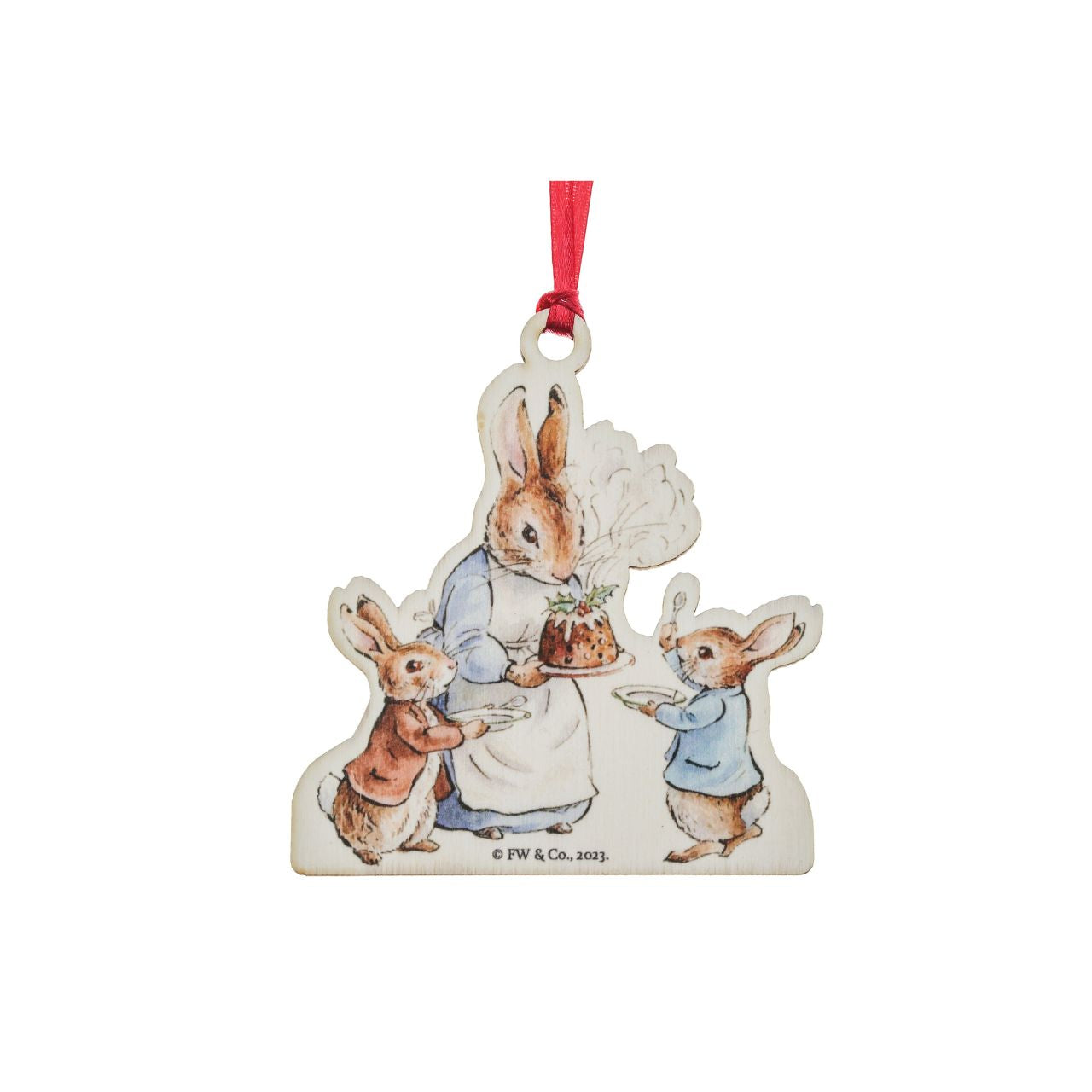 This Mrs. Rabbit with a Christmas Pudding Wooden Hanging Ornament would make a truly unique gift or self-purchase. We have been working hard towards our sustainability goal, creating Beatrix Potter gift items that include responsibly sourced materials.