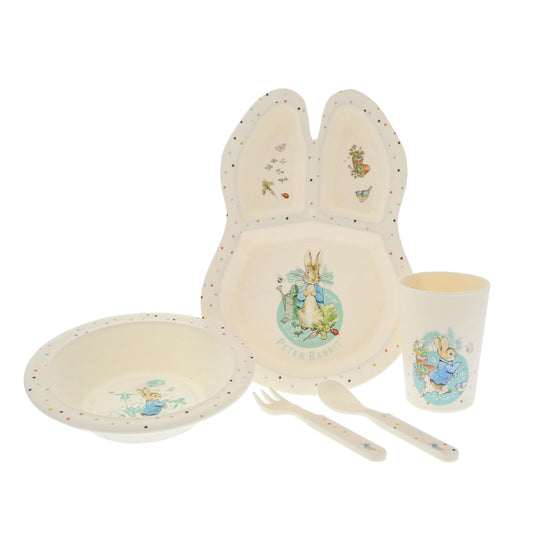 Peter Rabbit Dinner Set Beatrix Potter  Introducing this brand new at home with Peter Rabbit collection. There's nothing quite like a fun Peter Rabbit motif to entice those little tummies to clear their plates. Make mealtimes fun and practical with this dinner set. This highly durable dinner set can be used at home, in the garden, or on the go.