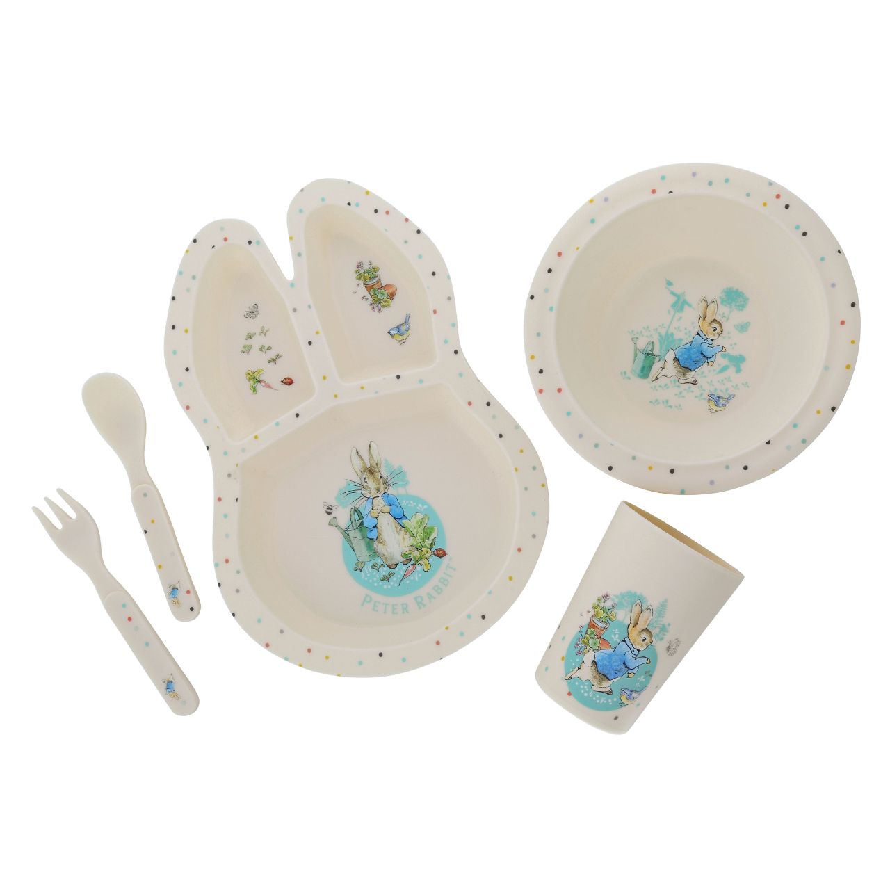 Peter Rabbit Dinner Set Beatrix Potter  Introducing this brand new at home with Peter Rabbit collection. There's nothing quite like a fun Peter Rabbit motif to entice those little tummies to clear their plates. Make mealtimes fun and practical with this dinner set. This highly durable dinner set can be used at home, in the garden, or on the go.