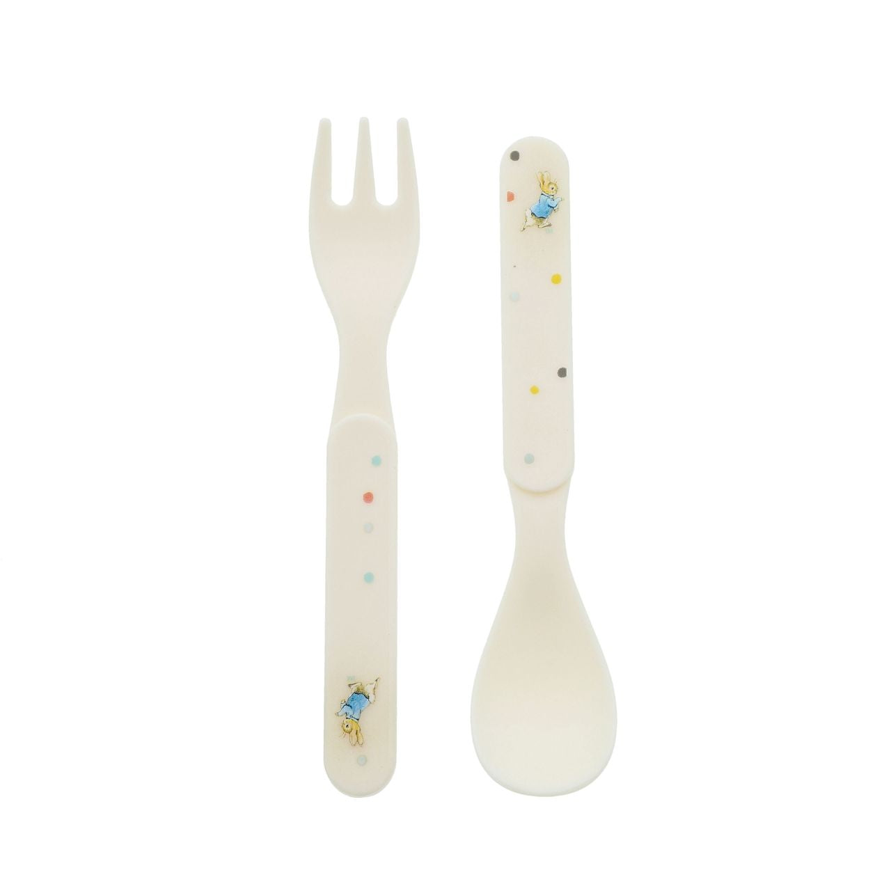 Peter Rabbit Fork and Spoon Set  Introducing this brand new at home with Peter Rabbit collection. There's nothing quite like a fun Peter Rabbit motif to entice those little tummies to clear their plates. Make mealtimes fun and practical with this fork and spoon set.