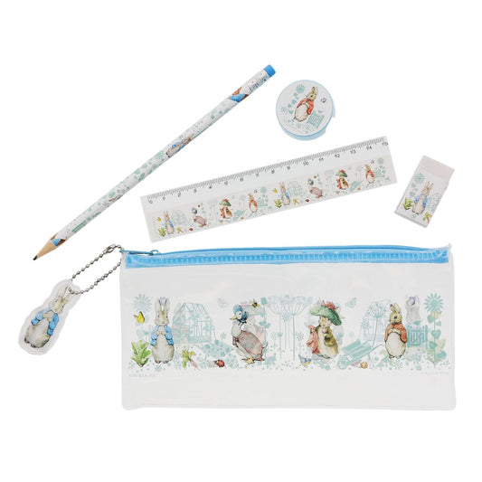 Beatrix Potter Stationery Set  Meet your new stationery essentials, everything one Peter Rabbit fan can ever need. This stationery set contains; 15cm ruler, 1 pencil, pen and eraser. All presented in an adorable clear pencil case, featuring your Beatrix Potter best loved characters. This stationery set would make a lovely gift, new edition to your stationery edit or souvenir for family and friends to enjoy.