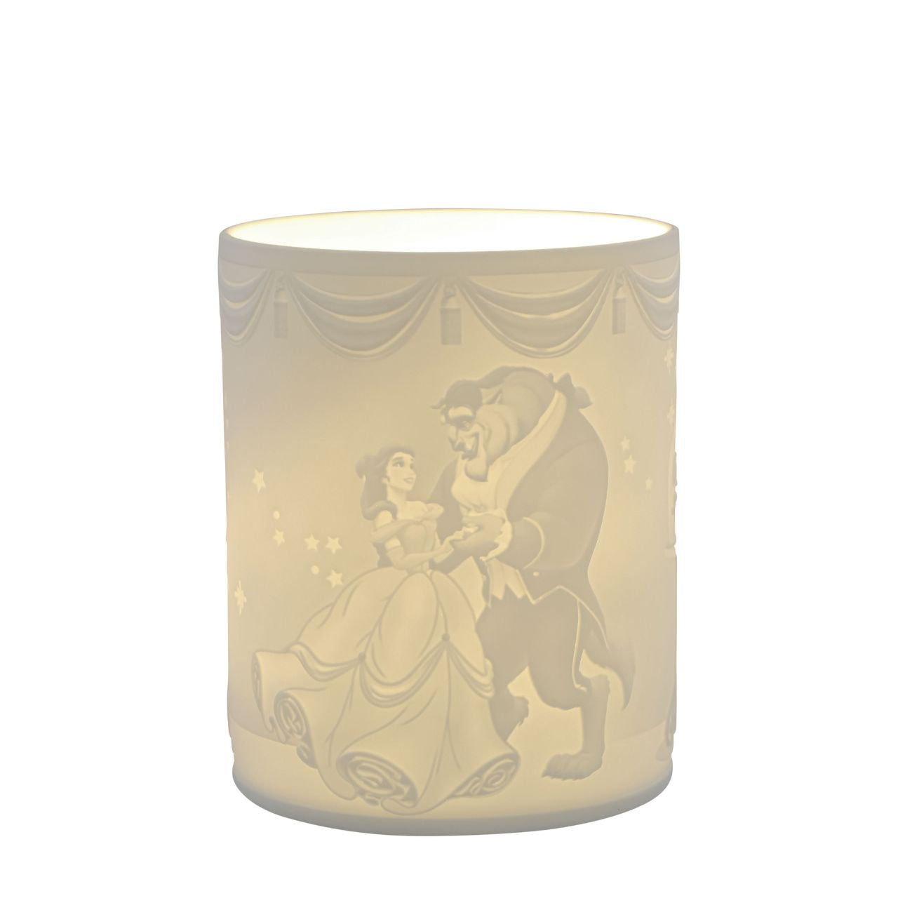 Disney Beauty Within Beauty and The Beast Tea Light Holder  Watch as Beauty and The Beast flicker around your room when you light the LED candle. The Belle and her Prince along with the enchanted rose are etched into the thin translucent porcelain which will radiate a warm light when lit at night. Perfect Disney addition to any home décor.