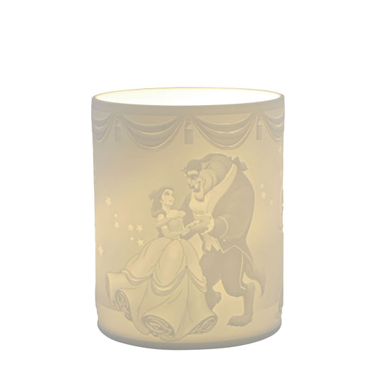 Disney Beauty Within Beauty and The Beast Tea Light Holder  Watch as Beauty and The Beast flicker around your room when you light the LED candle. The Belle and her Prince along with the enchanted rose are etched into the thin translucent porcelain which will radiate a warm light when lit at night. Perfect Disney addition to any home décor.