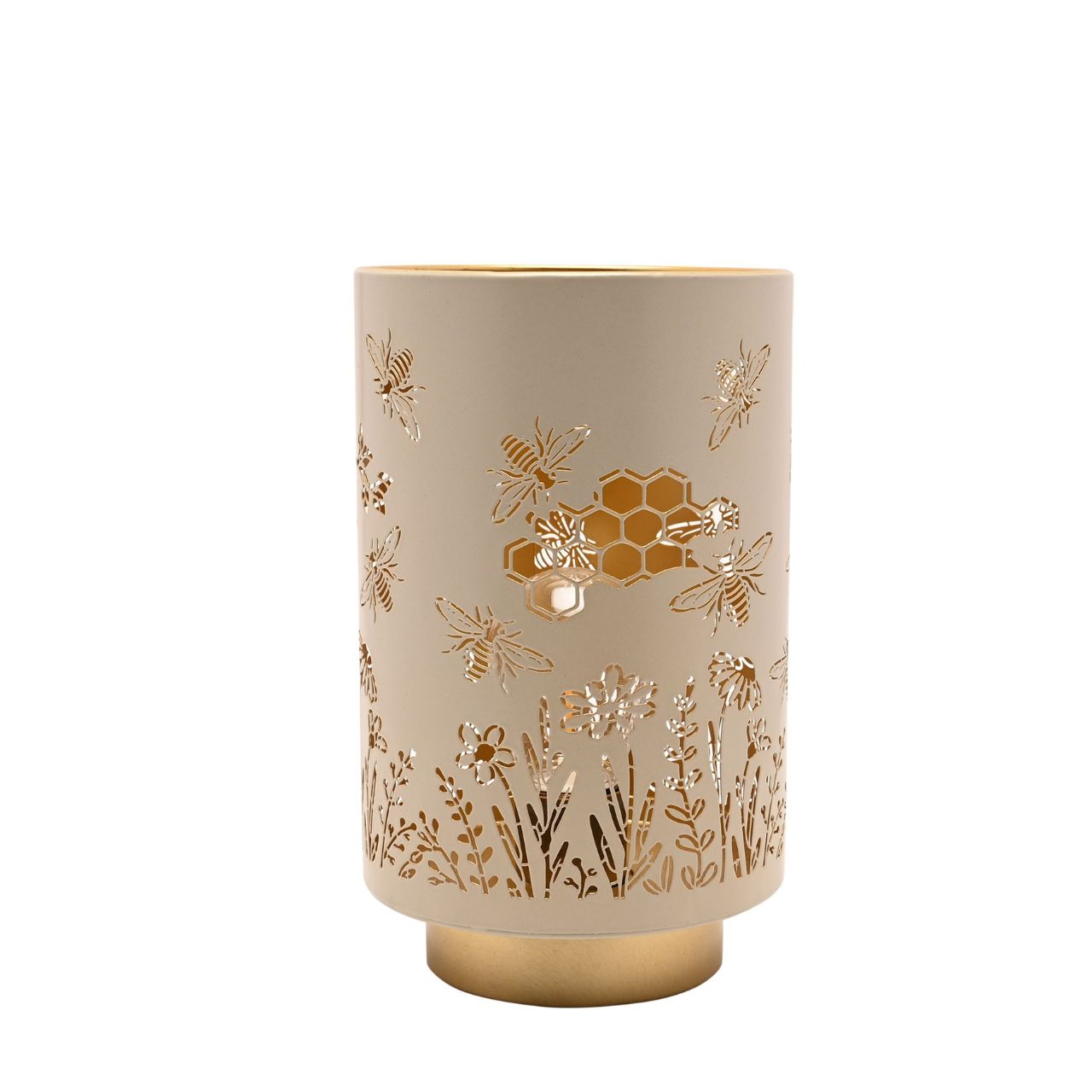 A decorative LED table lamp featuring delicate bee, honeycomb, and floral cut-out detailing. The soft neutral finish paired with warm gold accents creates a cosy, nature-inspired look.