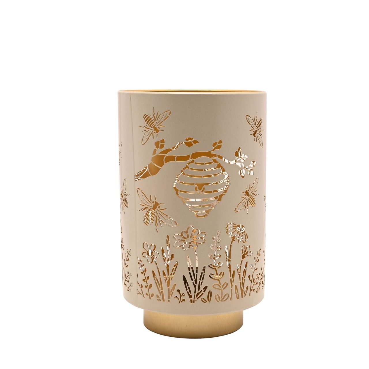 A decorative LED table lamp featuring delicate bee, honeycomb, and floral cut-out detailing. The soft neutral finish paired with warm gold accents creates a cosy, nature-inspired look.