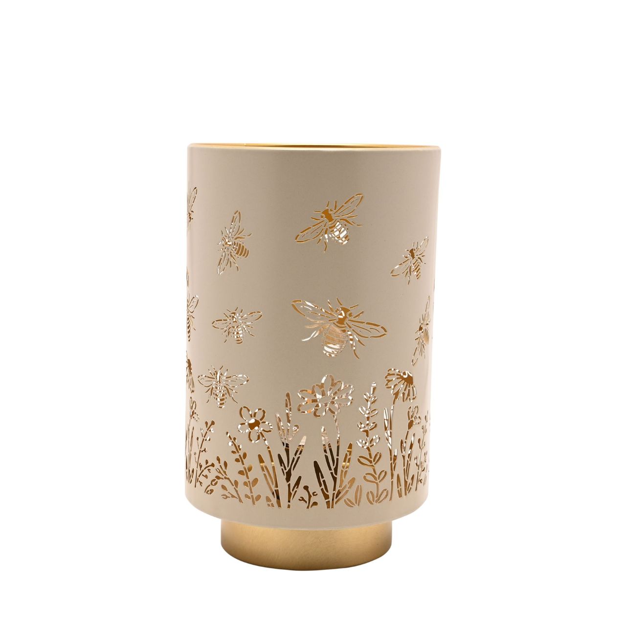 A decorative LED table lamp featuring delicate bee, honeycomb, and floral cut-out detailing. The soft neutral finish paired with warm gold accents creates a cosy, nature-inspired look.