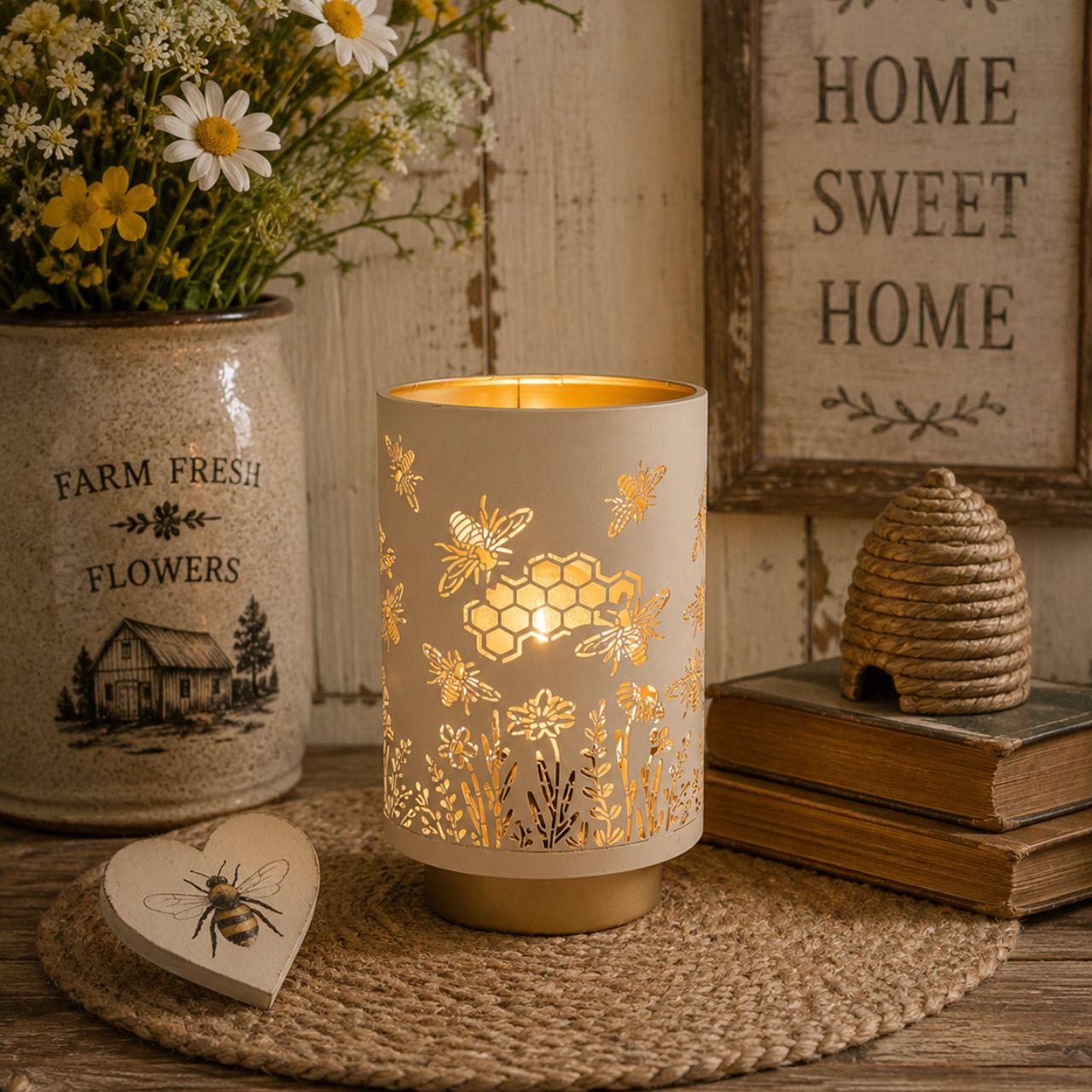 A decorative LED table lamp featuring delicate bee, honeycomb, and floral cut-out detailing. The soft neutral finish paired with warm gold accents creates a cosy, nature-inspired look.