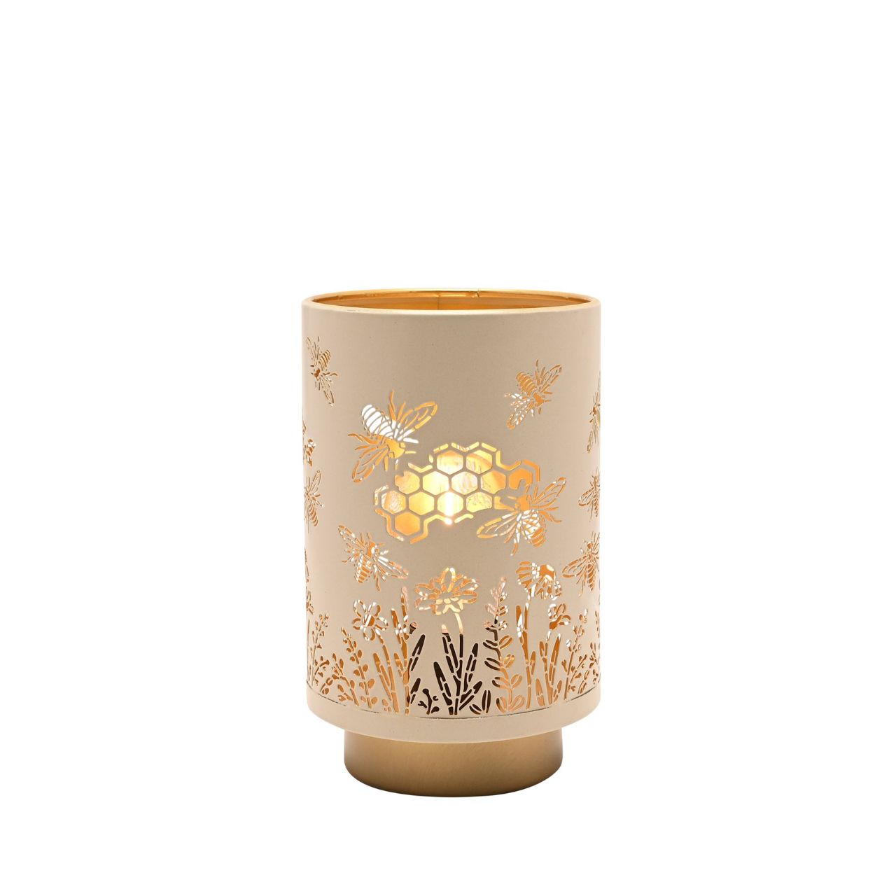 A decorative LED table lamp featuring delicate bee, honeycomb, and floral cut-out detailing. The soft neutral finish paired with warm gold accents creates a cosy, nature-inspired look.