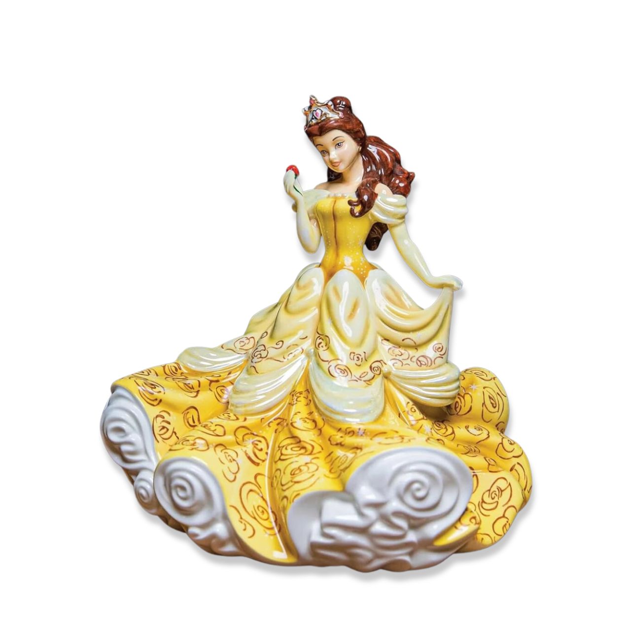Disney Belle Princess figurine from Disney’s Beauty and the Beast  Full of movement in Valerie Annand’s model, and with delicate 22ct gold and Mother of Pearl lustre detail from Master Painter Dan Smith. Belle holds a handmade rose which is reflected in the decoration on her gown.