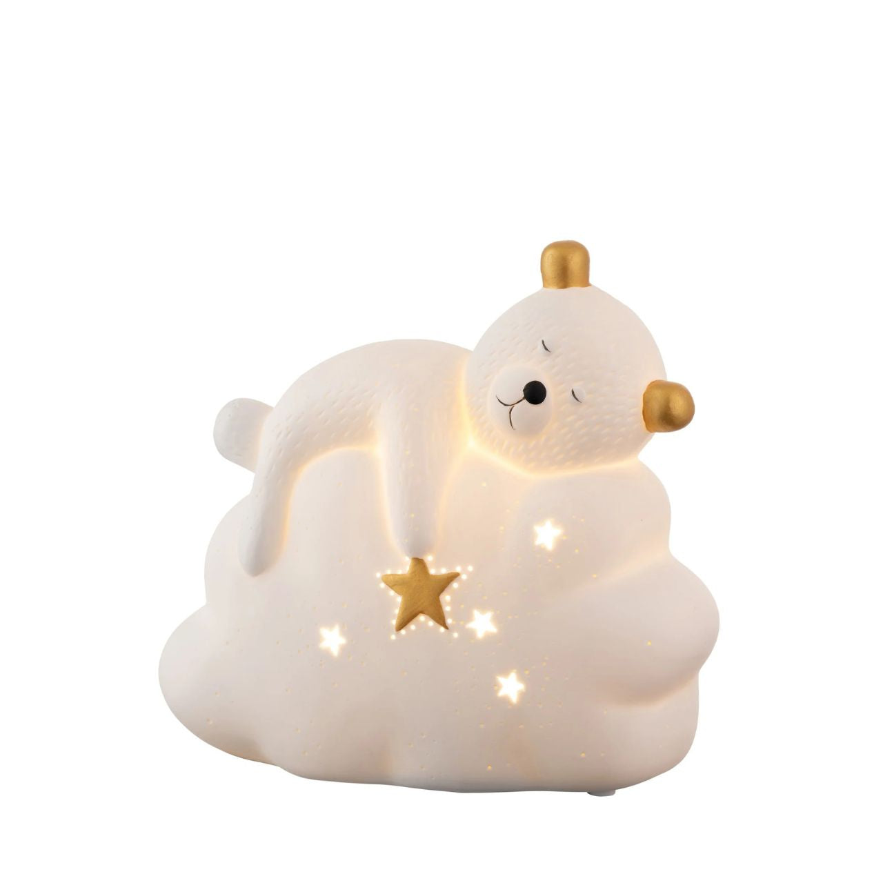 This cute luminaire features a little bear sleeping on a comfy cloud with star details and gold accents. When lit the porcelain body illuminates emitting a soft gentle glow highlighting all the details in this charming lamp, perfect for bedtime.
