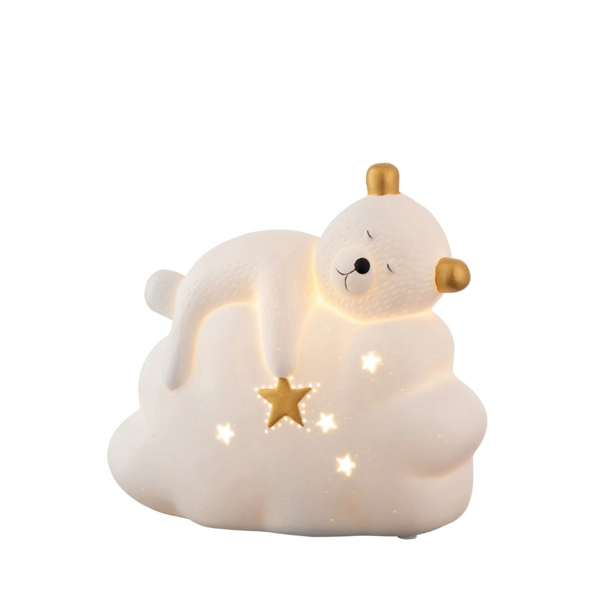 This cute luminaire features a little bear sleeping on a comfy cloud with star details and gold accents. When lit the porcelain body illuminates emitting a soft gentle glow highlighting all the details in this charming lamp, perfect for bedtime.