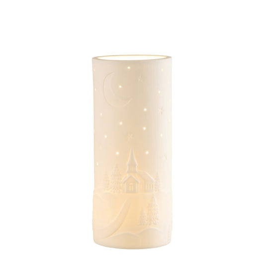 Christmas Church Scene Luminaire by Belleek Living  This Church Scene Luminaire is an exciting piece from Belleek Living. Timely pierced holes allow subtle light to shine through letting it luminate a Christmas scene of people in the church at the most special time of year.