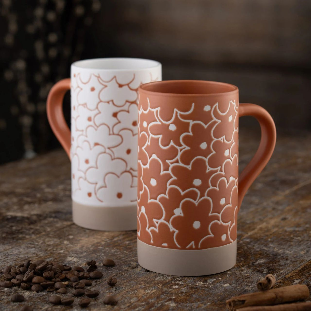 The Daisy Tall Mugs feature a funky, retro inspired floral pattern in a two-tone colour palette of a warm colour spice contrasted with bright white; reminiscent of the 1960’s but with a modern twist. The tall shape is perfect for homemade lattes and also ideal for tea lovers.