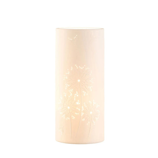 Beautifully pierced ceramic luminaires create soft mood lighting for your living space. This cylinder shaped lamp would suit any décor as it displays intricate designs that have been carefully pierced to provide low mood lighting. Makes a perfect gift.